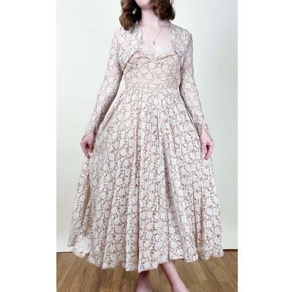 Vintage 50s Lace Midi Maxi Dress Set Formal Wedding Whimsigoth Regency Victorian - Picture 1 of 11